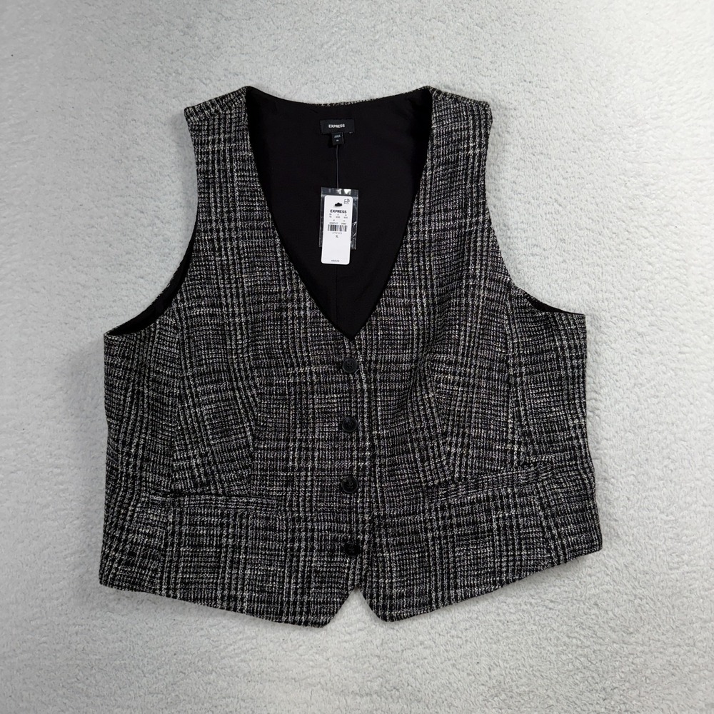 Express Editor Plaid Vest XL Gray Conscious Edit Career Layering Office Academia